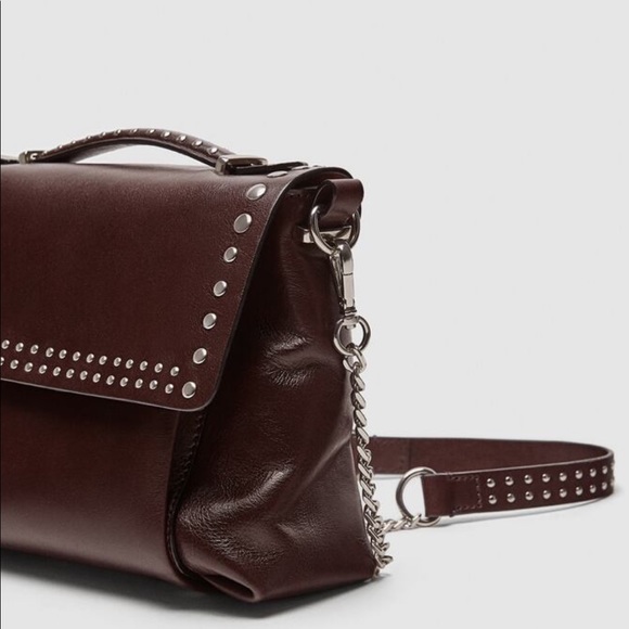 ZARA Studded Leather Burgundy Crossbody Bag - Picture 3 of 12